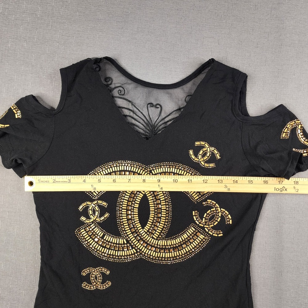 Fashion Top Cold Shoulder Beaded Gold Black Butterfly Mesh V-Neck Shirt Y2K - Picture 5 of 10